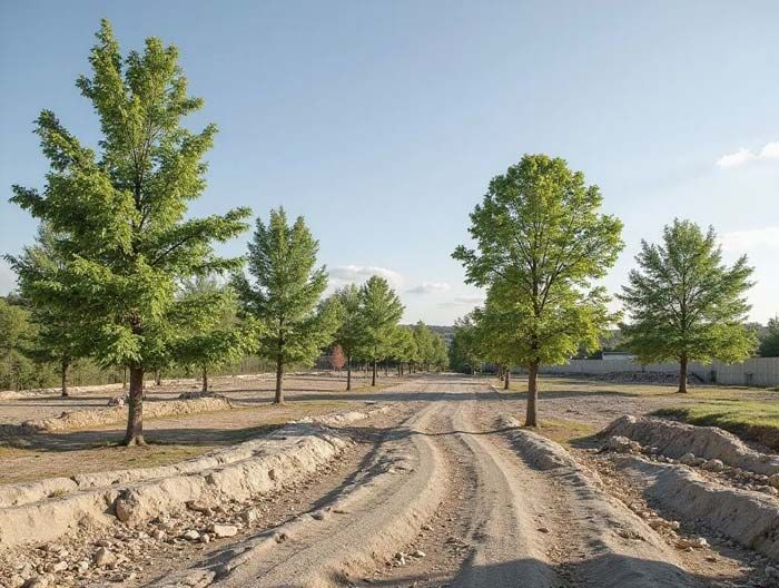 Dirt road lined with young trees under a blue sky.