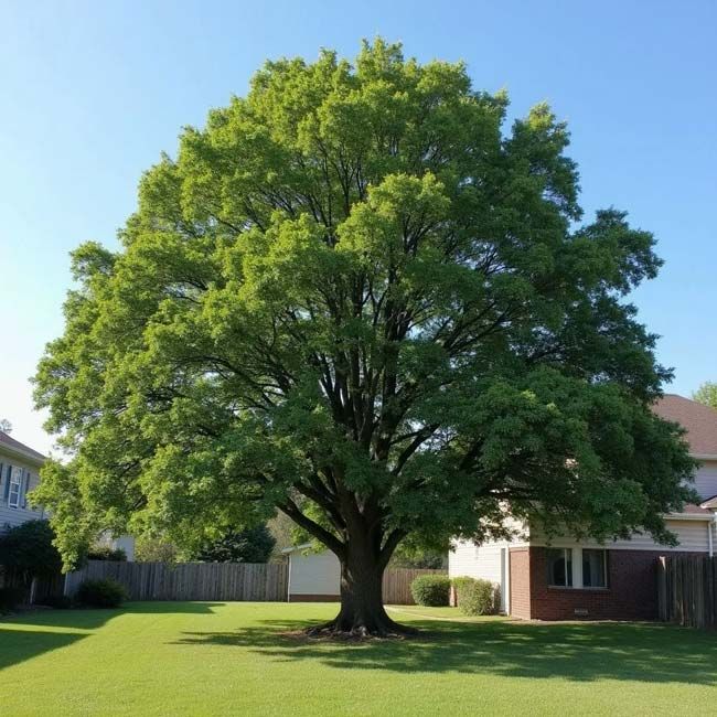 Large tree with green leaves in a yard with a clear blue sky, next to a house.