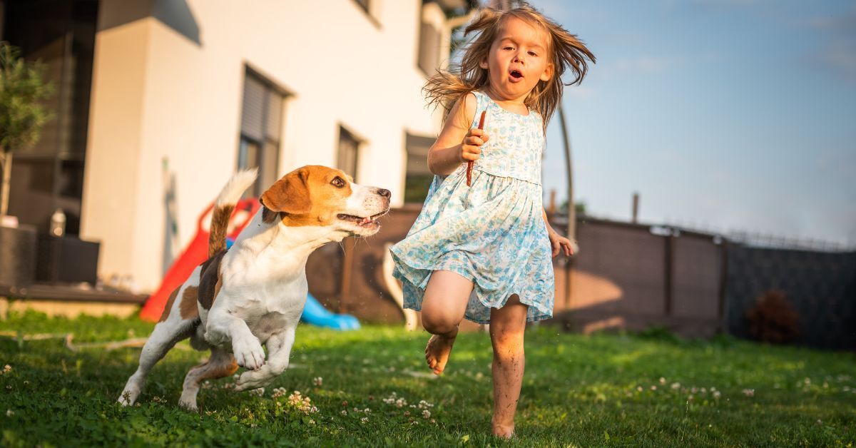 A little girl is running with a dog in a backyard.