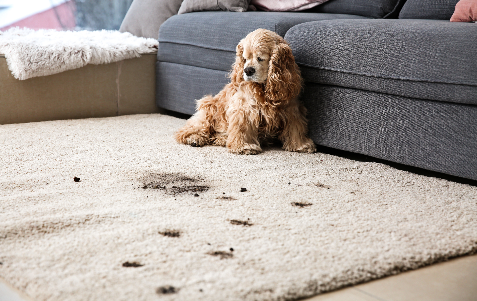 Dog sitting on a carpet with muddy paw prints next to a gray sofa.