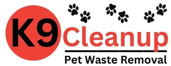 Logo for K9 cleanup, a pet waste removal service, featuring text and paw prints.