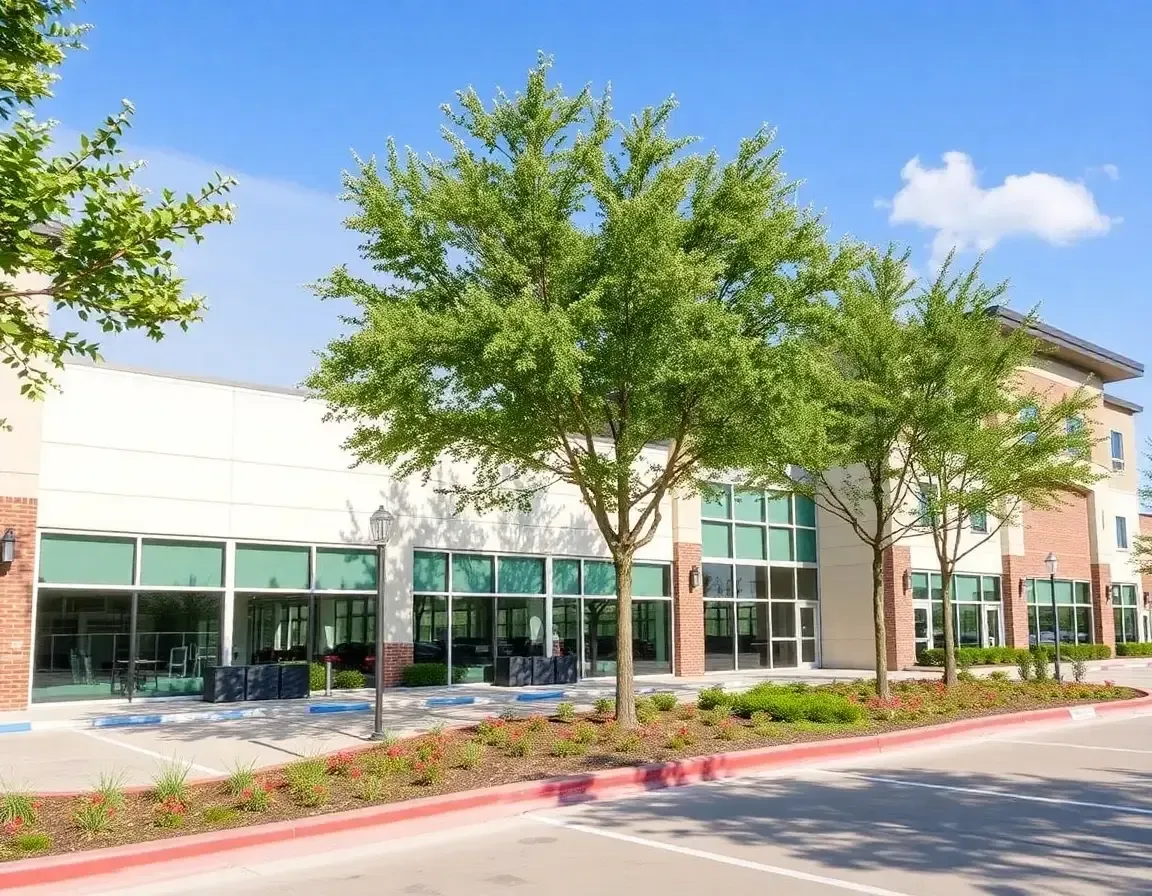 A large building with a lot of windows and trees in front of it.