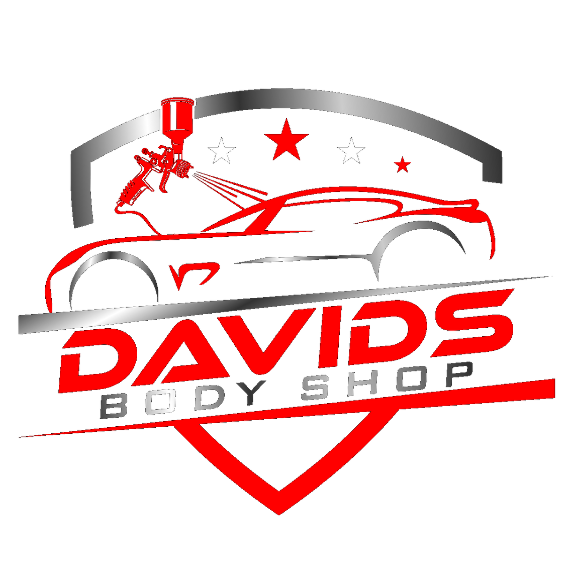 Red and silver logo for David's Body Shop, featuring a car, paint spray gun, stars, and text on a shield shape.