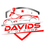 Red and silver logo for David's Body Shop, featuring a car, paint spray gun, stars, and text on a shield shape.