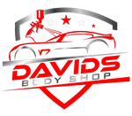 Logo: Red car silhouette with paint gun. 