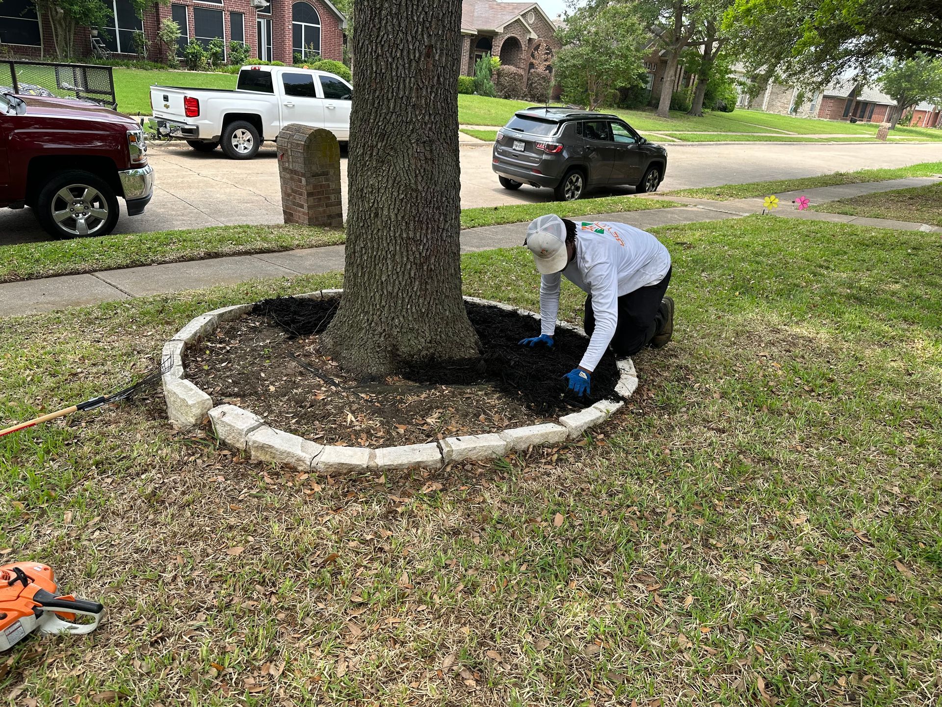 A man is kneeling down in front of a tree in a yard.