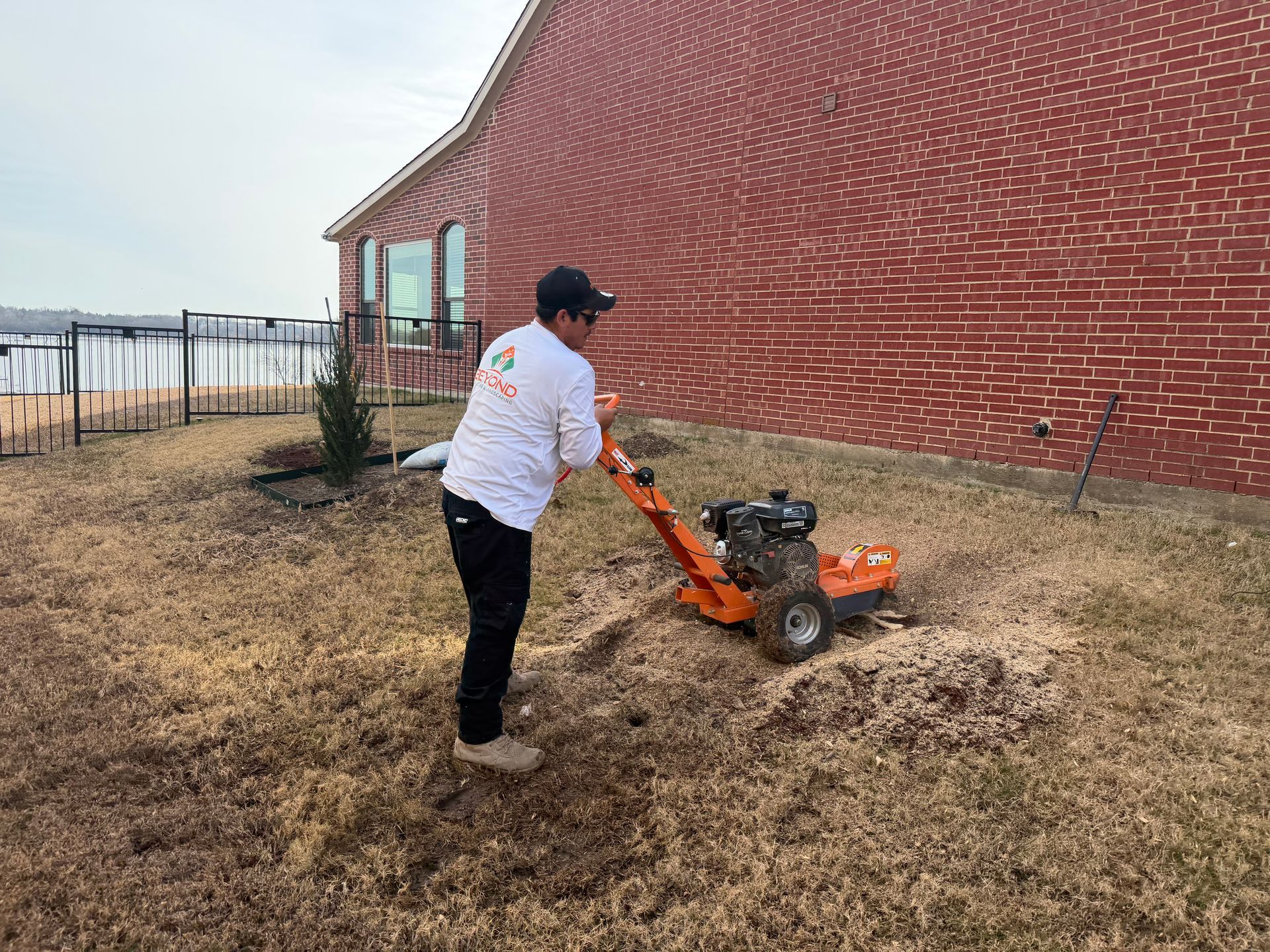 A person operates an orange stump grinder to remove a tree stump in the grass next to a red brick house.