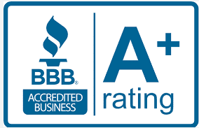 A blue and white bbb accredited business rating sign