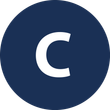 Lettre « C » blanche sur un cercle bleu foncé.