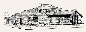 Black-and-white sketch of a low brick building with a sloped roof and porch