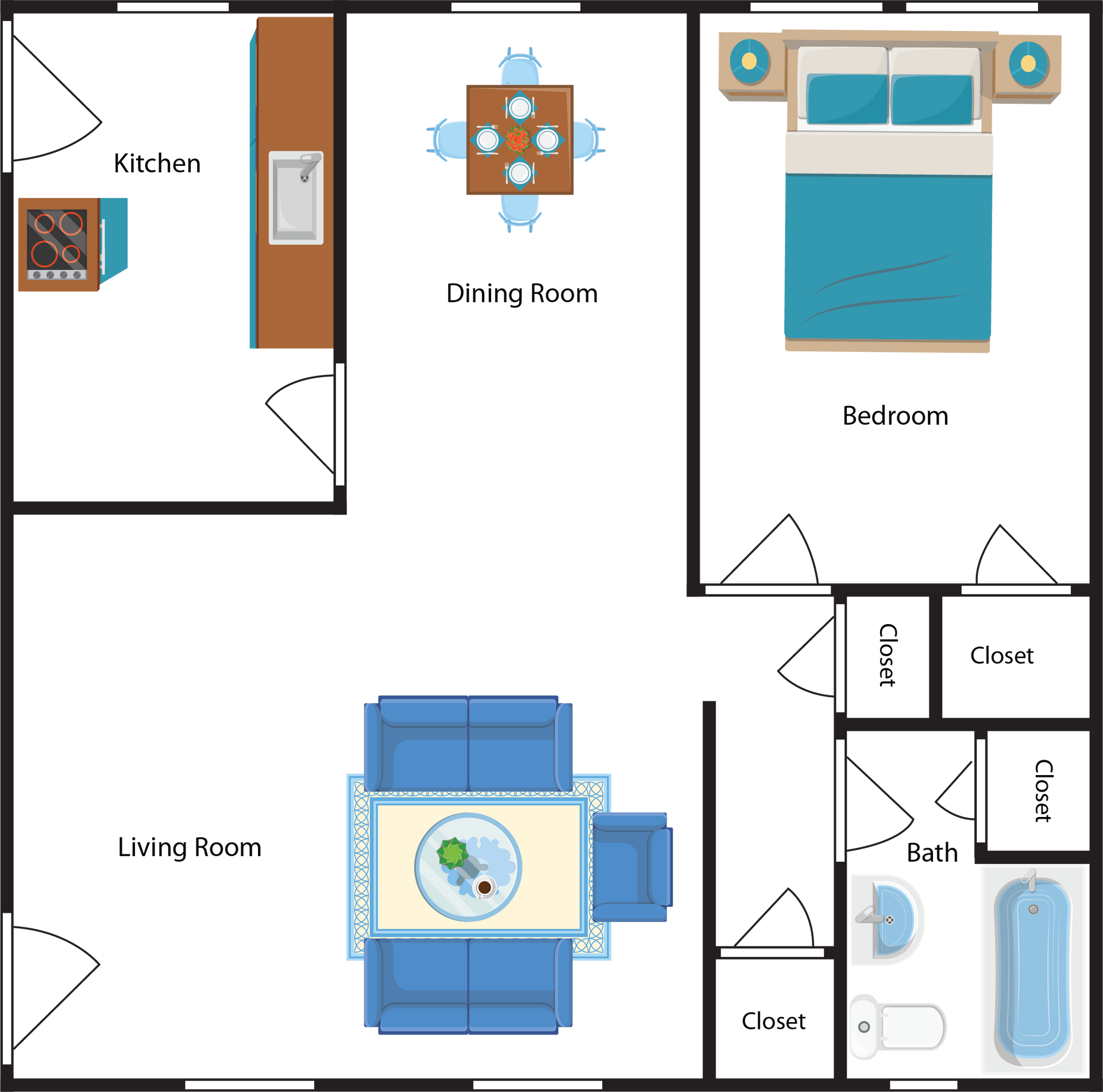 Floor plan of an apartment, showing the kitchen, dining room, bedroom, living room, and bathroom.