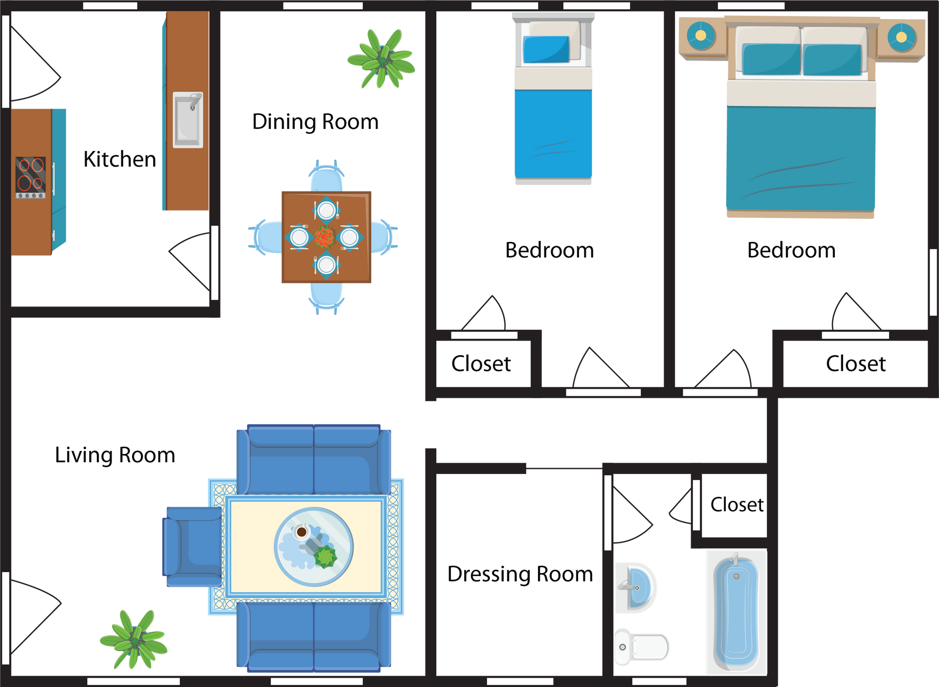 Floor plan of a two-bedroom apartment with kitchen, dining, living, and dressing rooms. Furniture in blue and brown.