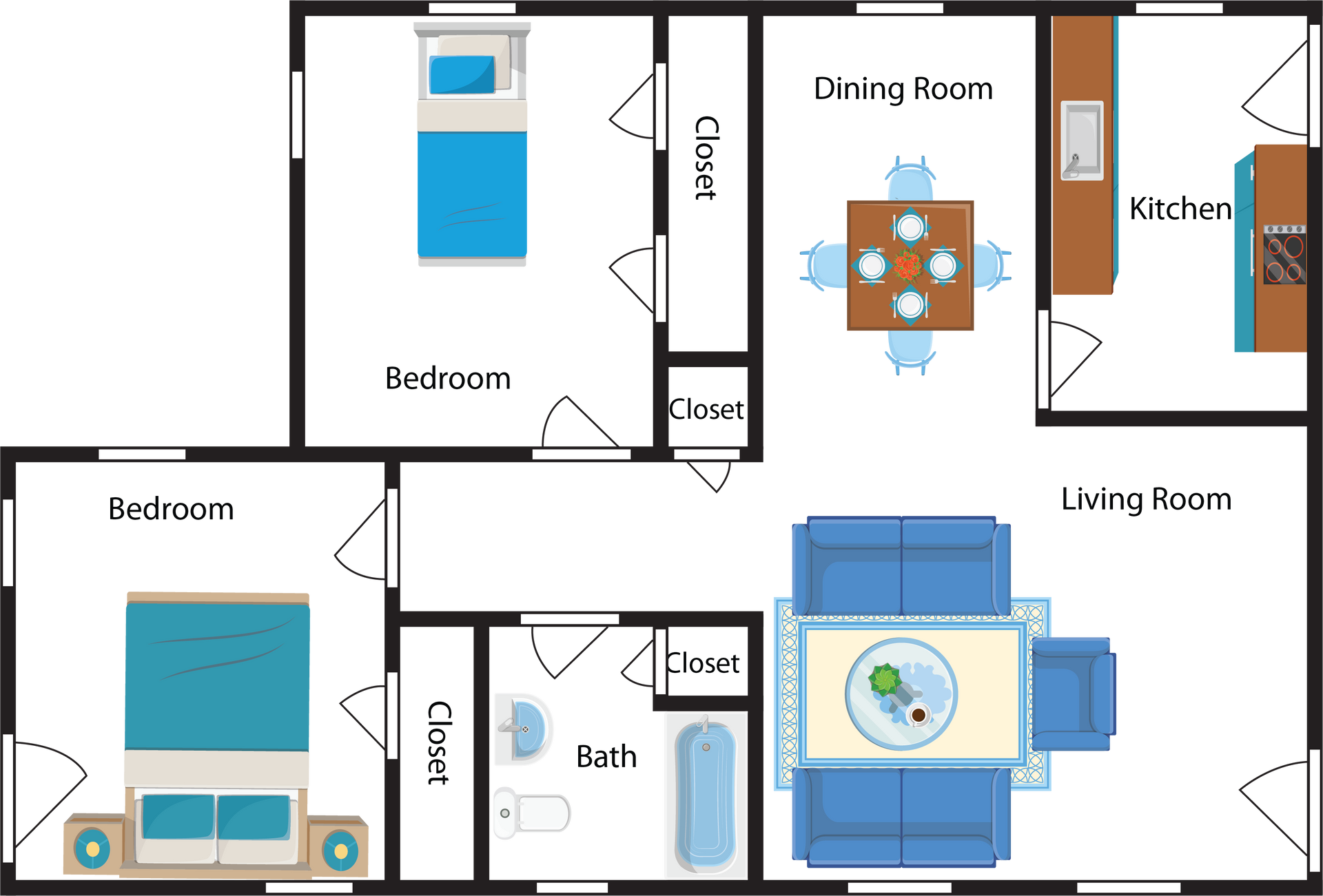 Floor plan of a two-bedroom apartment; includes living room, kitchen, dining room, and bathroom.