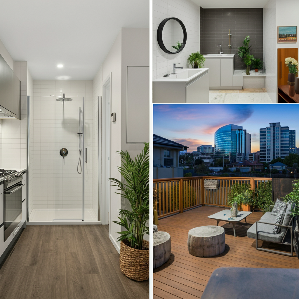 A collage of pictures of a kitchen a bathroom and a balcony