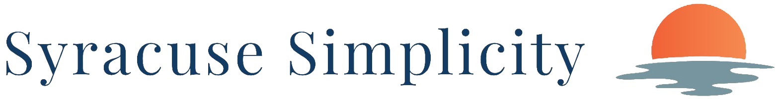 "Syracuse Simplicity" text with an orange sun graphic over water.