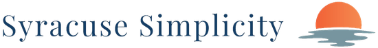"Syracuse Simplicity" text with an orange sun graphic over water.