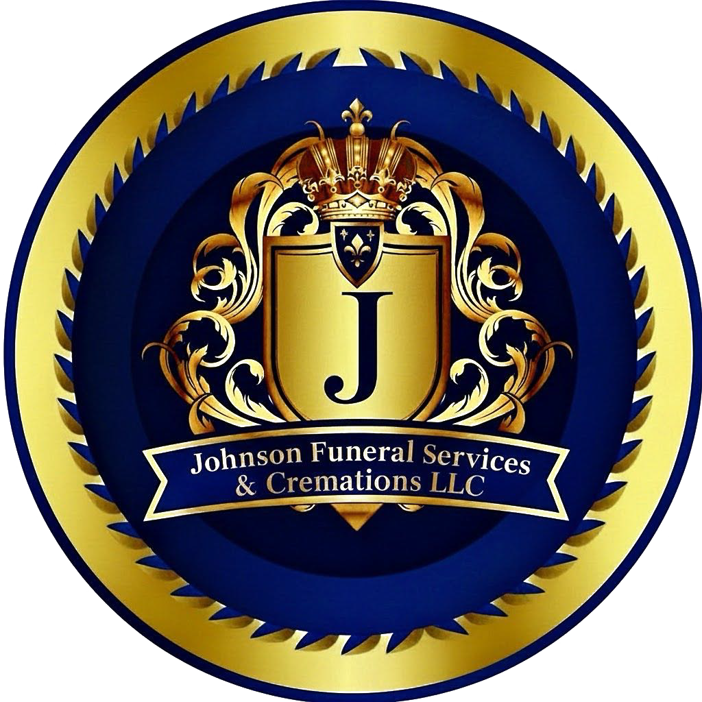 Emblem for Johnson Funeral Services & Cremations LLC. Gold and blue with a crown, shield, and text.