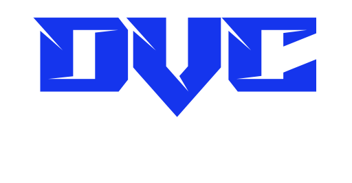 A blue and white logo for dvc on a white background