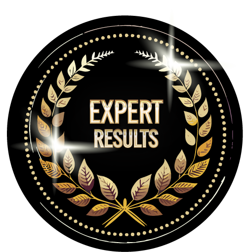 A black circle with a gold laurel wreath and the words expert results on it.