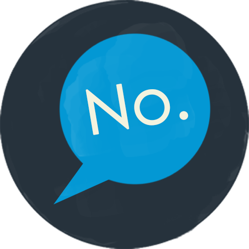 Blue icon of a speech bubble with the word no