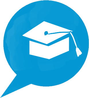 A blue speech bubble with a mortarboard hat to symbolize learning