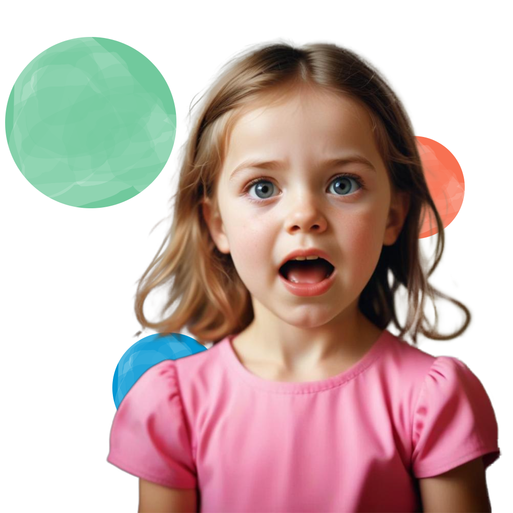 A little girl in a pink shirt with balloons in the background