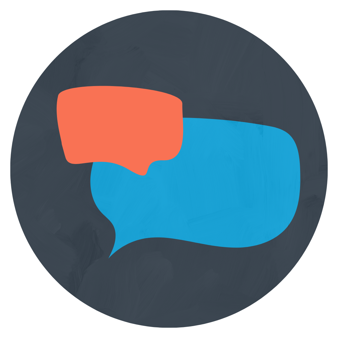 A blue and orange speech bubble in a circle