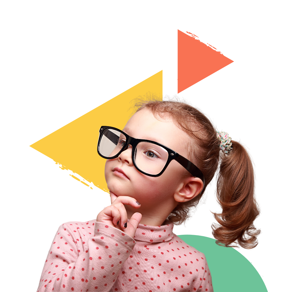 A little girl wearing glasses and a ponytail is thinking.