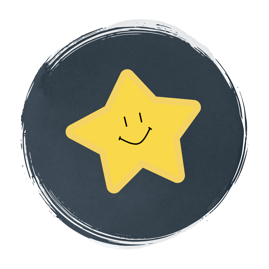 A yellow star with a smiley face on it is in a circle.