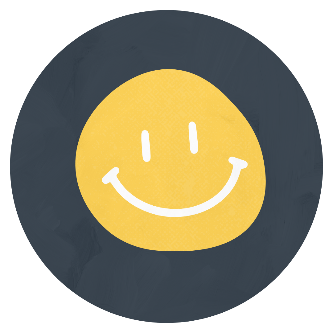 A yellow smiley face in a black circle