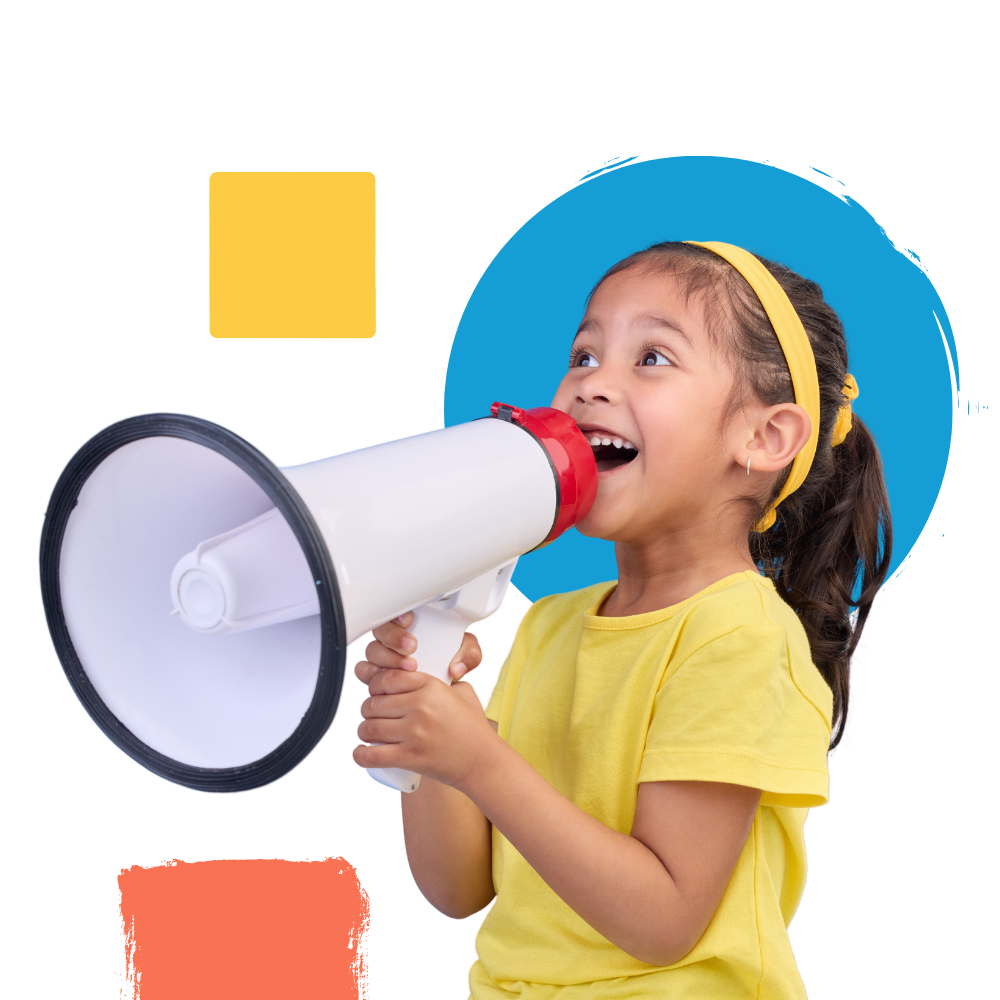 A little girl is holding a megaphone in her hand.