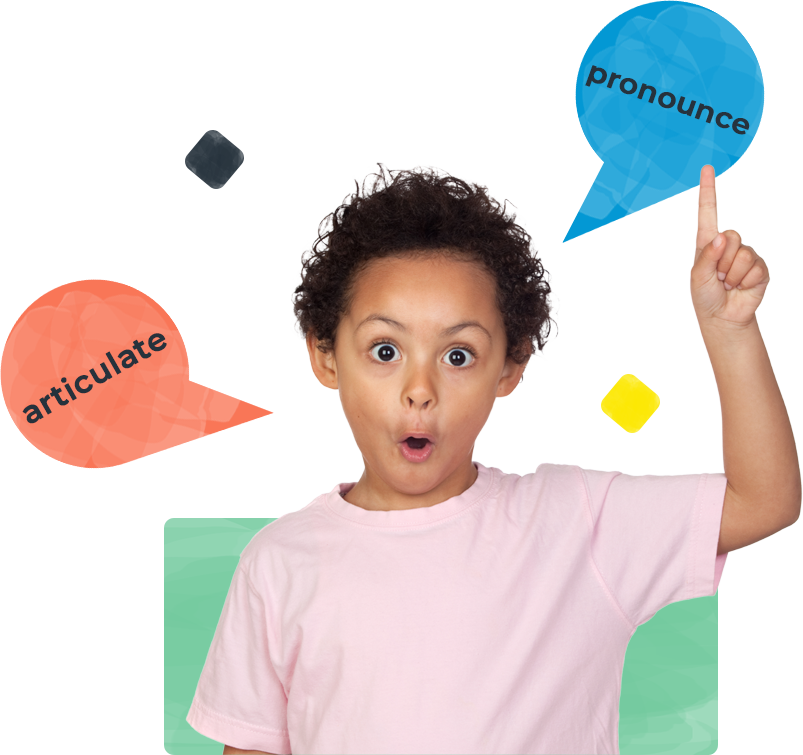 Little boy happy and confident with pronunciation and articulation speech bubbles