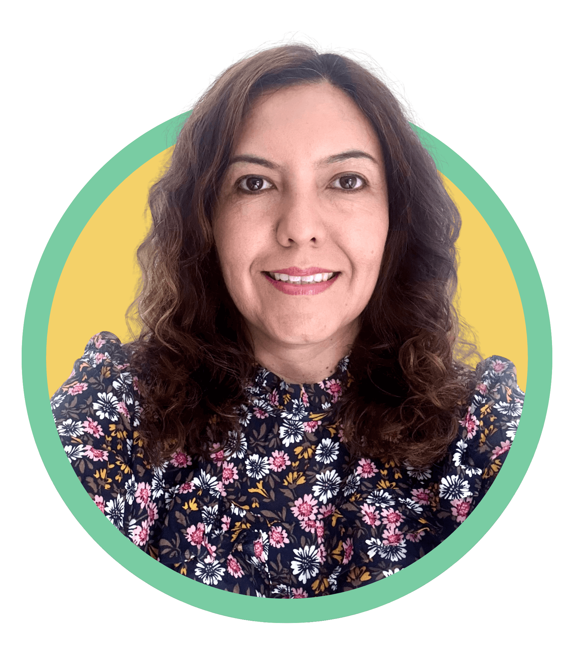 Mariela Tejada, M.A., CCC-SLP, wearing a floral top, framed in a blue and yellow circle.