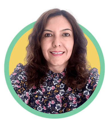 Mariela Tejada, M.A., CCC-SLP, wearing a floral top, framed in a blue and yellow circle.