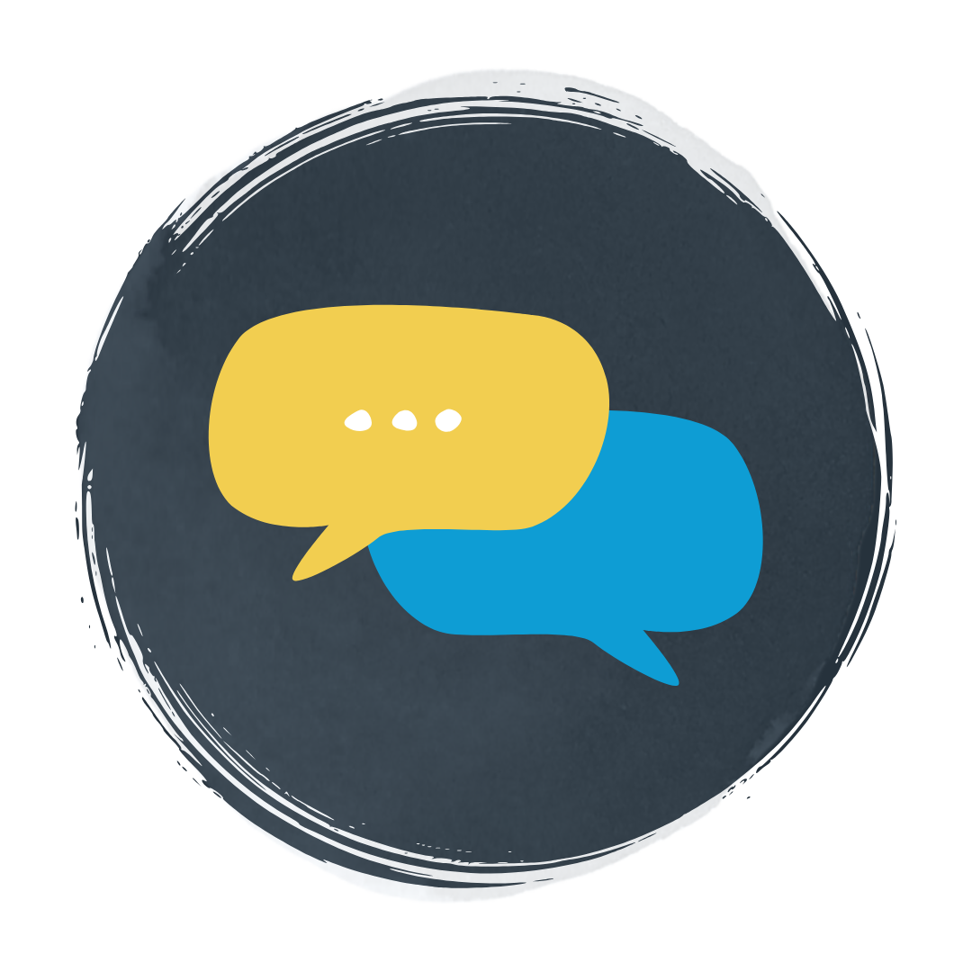 Two speech bubbles are in a circle on a black background.