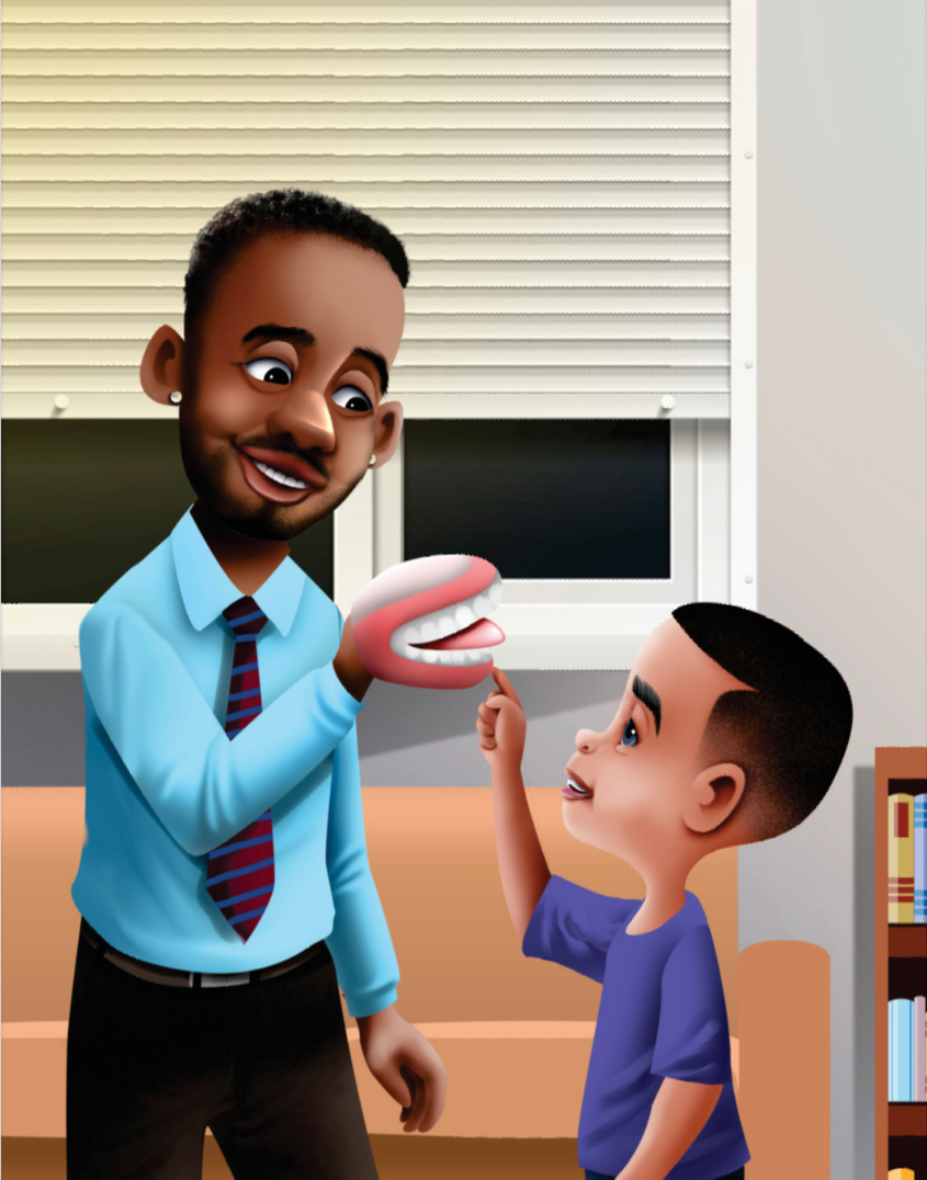 A colorful illustration from The Courageous Lion in Milo shows the main character interacting with a friendly speech therapist.