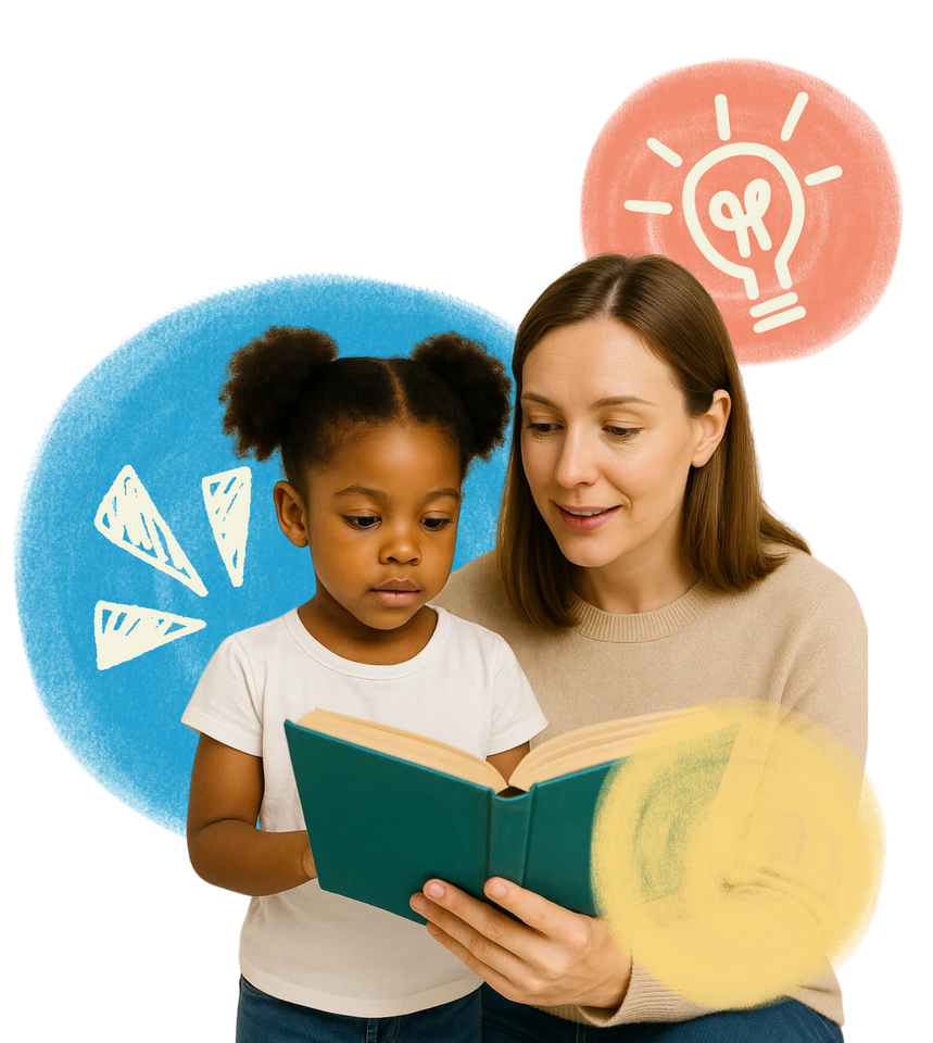 A woman is reading a book to a little girl.