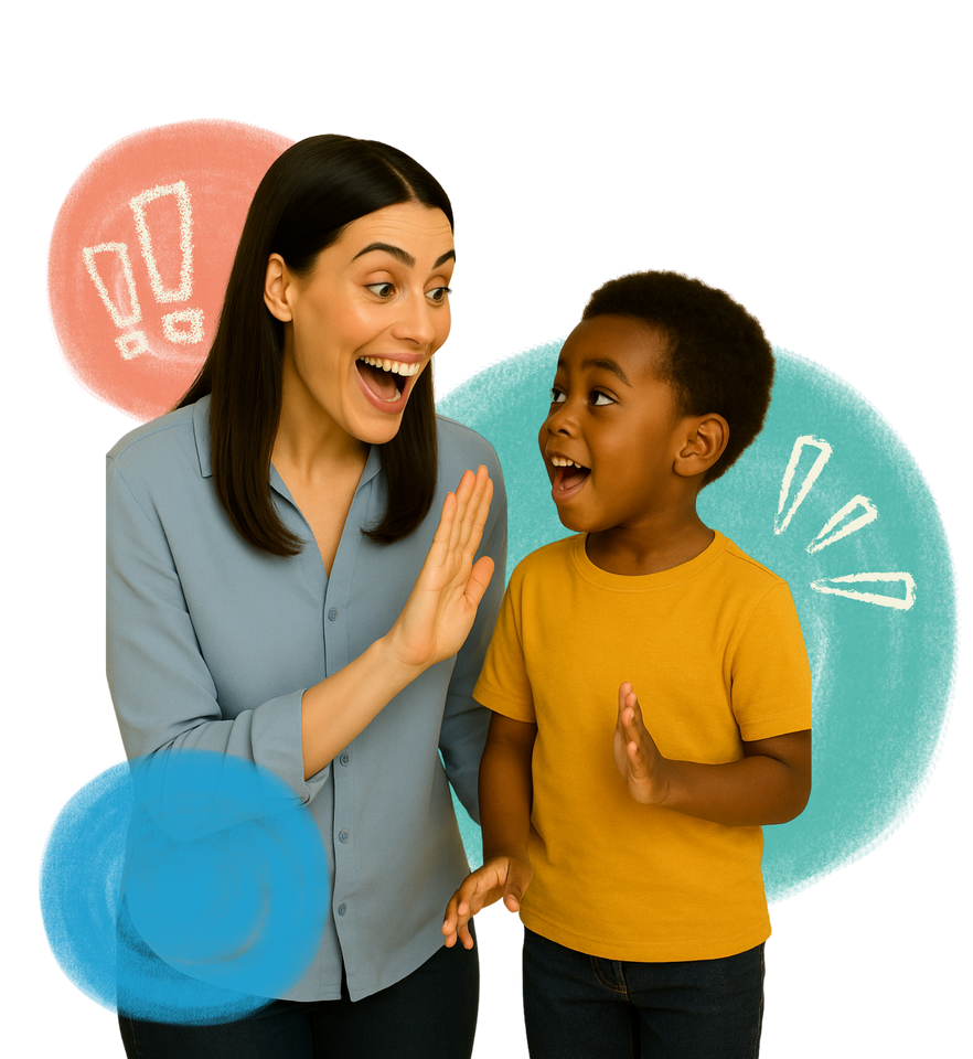 A woman and a boy are standing next to each other and smiling.
