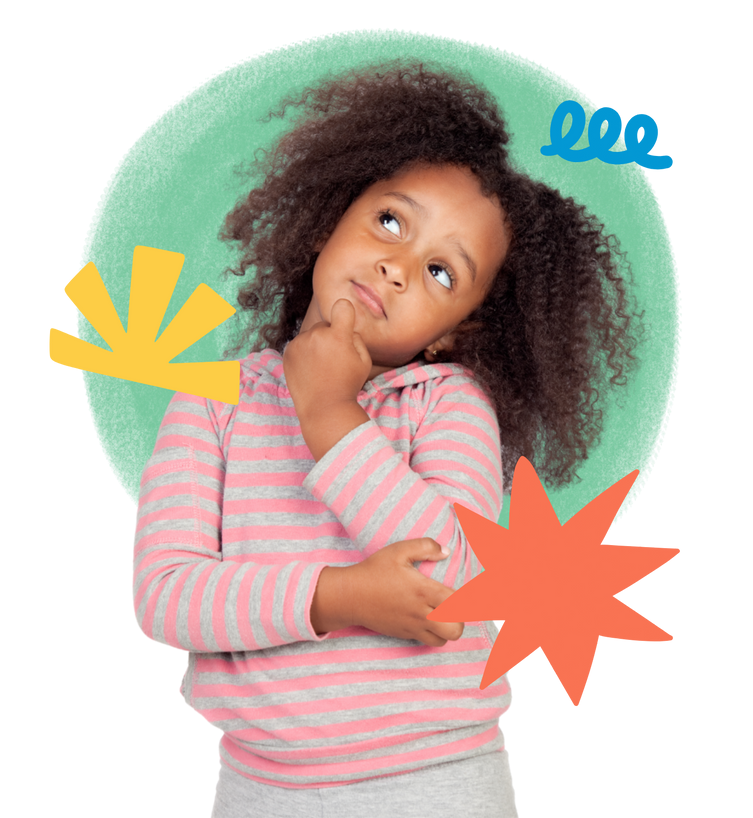 A little girl is looking up with her hand on her chin.