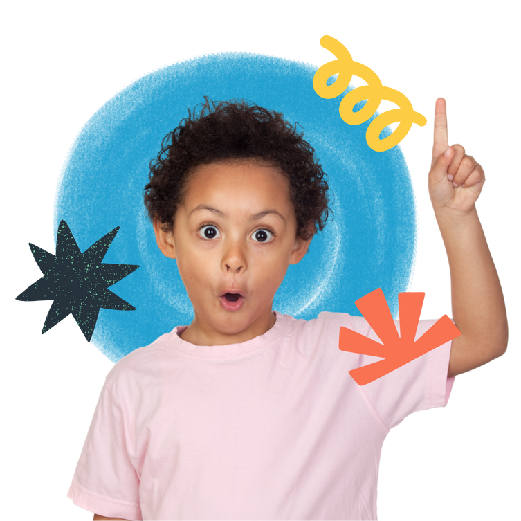 A young boy in a pink shirt is pointing up with a surprised look on his face
