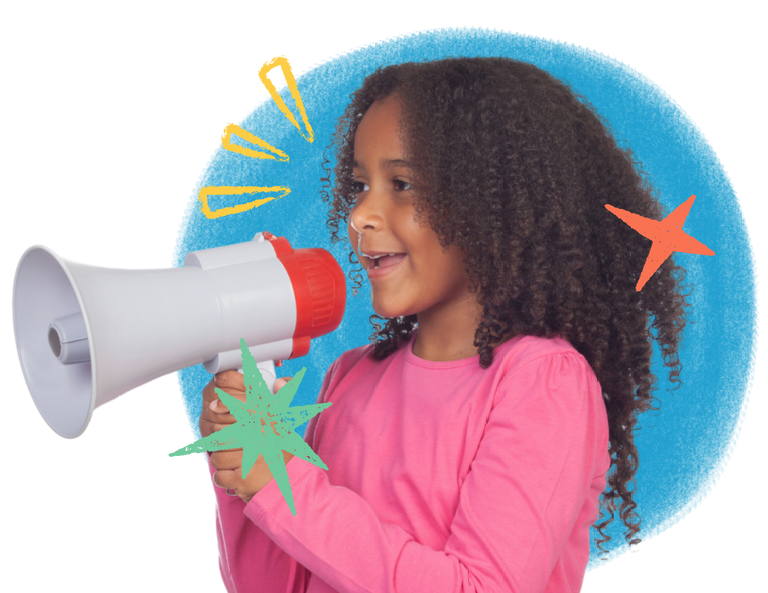 A young girl wearing pink is holding a megaphone in her hand.