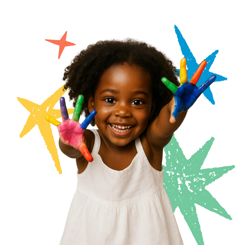 A little girl with her hands painted in different colors