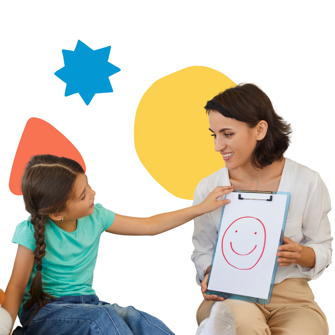 A woman is holding a clipboard with a smiley face drawn on it.