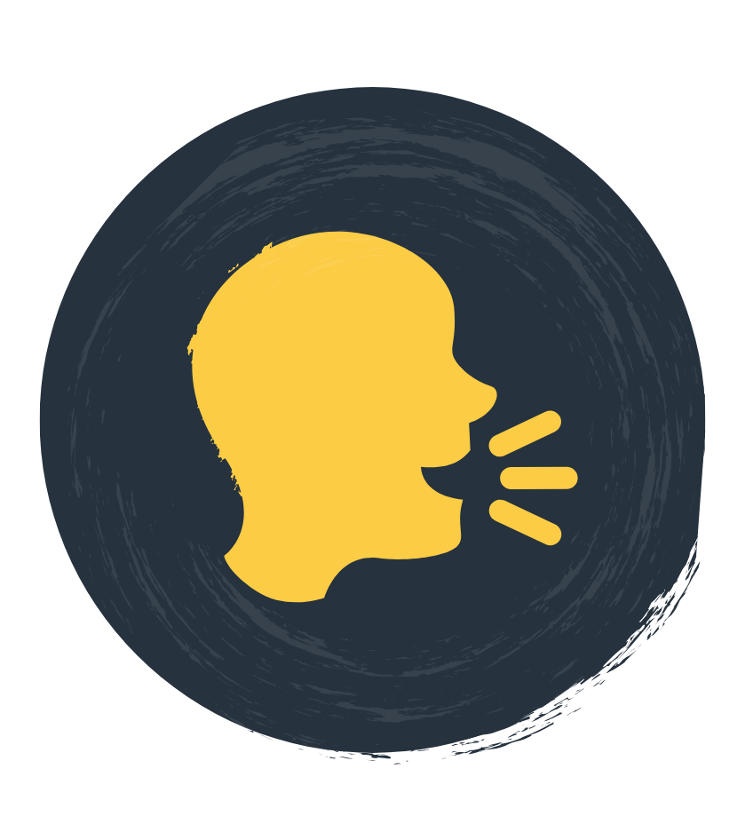 A yellow silhouette of a person talking in a circle.