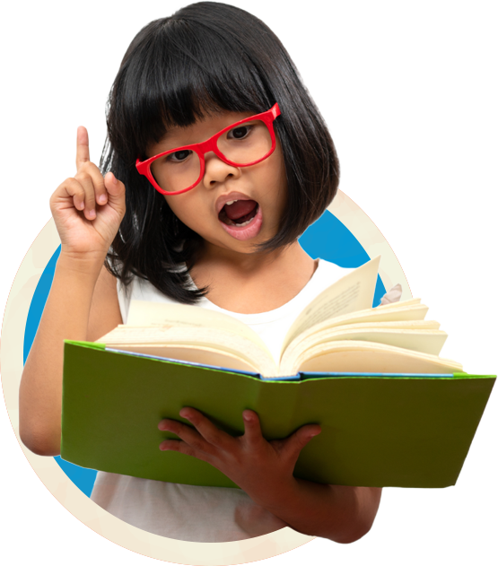 Reading little girl with red glasses and book