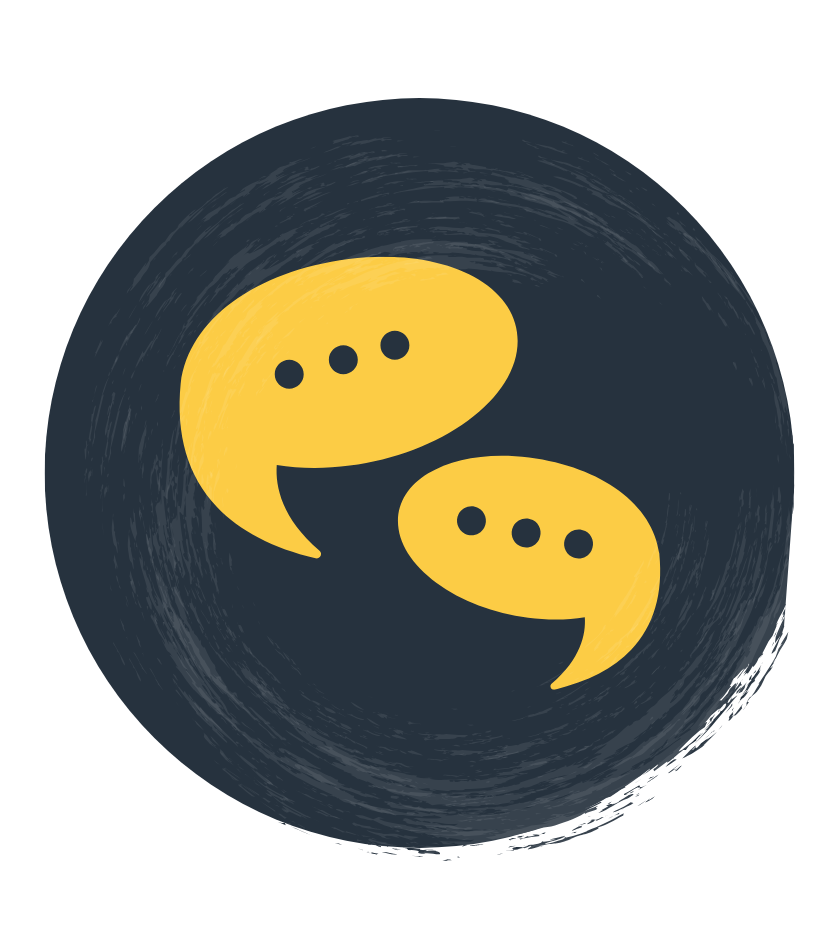 A black circle with two yellow speech bubbles inside of it.