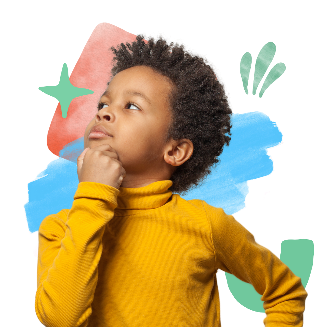 A young boy in a yellow turtleneck is thinking.