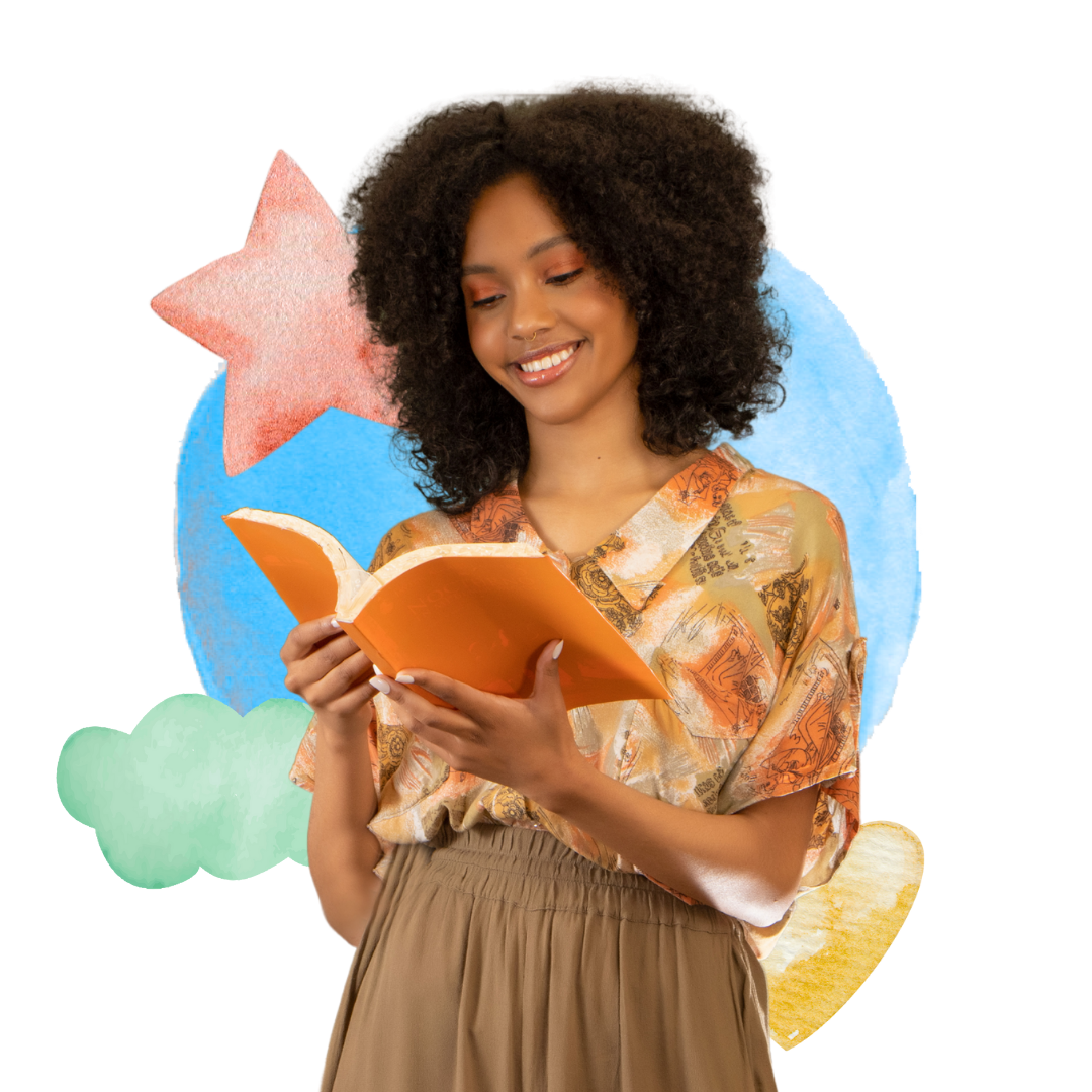 A woman is smiling while reading a book.