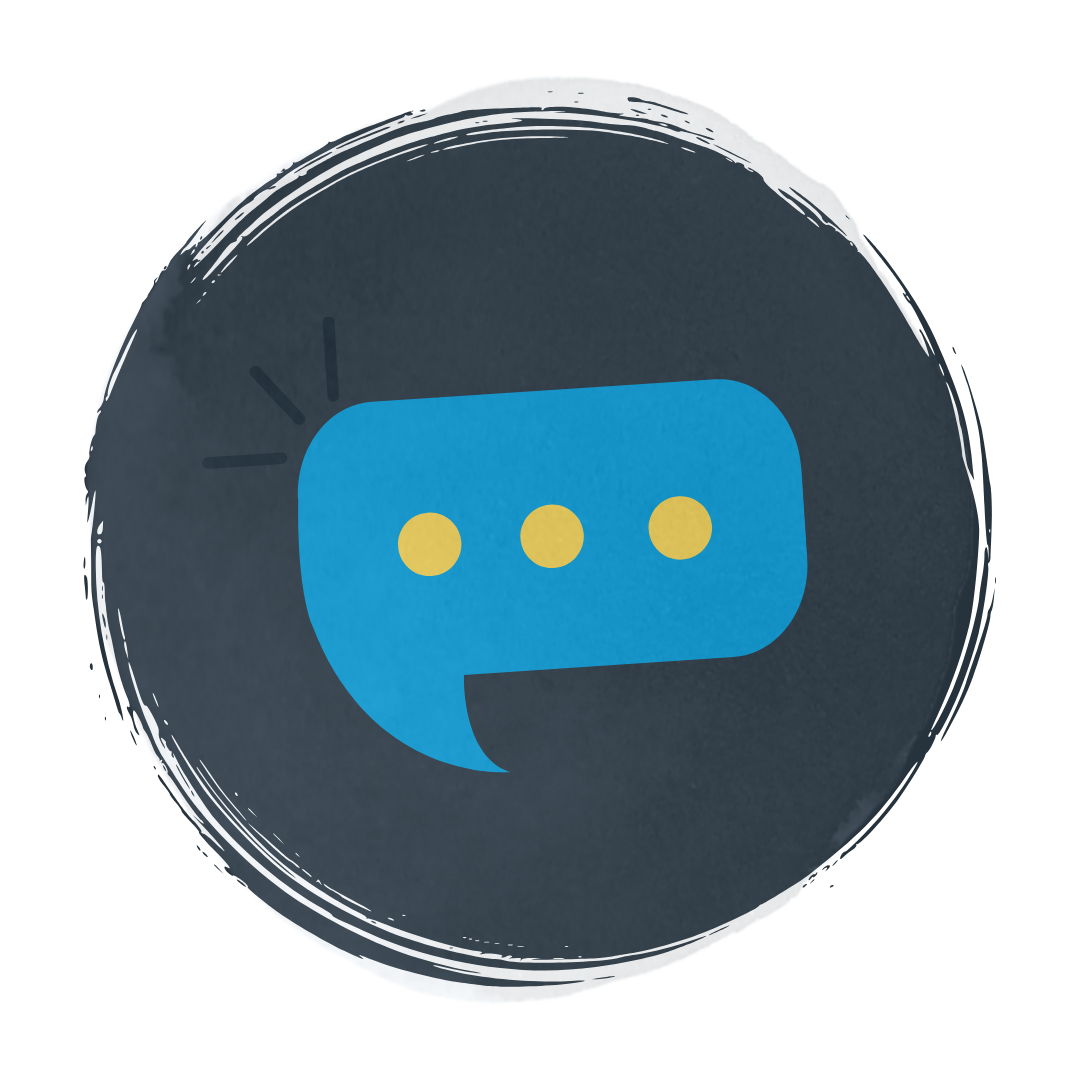 A blue speech bubble with three yellow dots on it