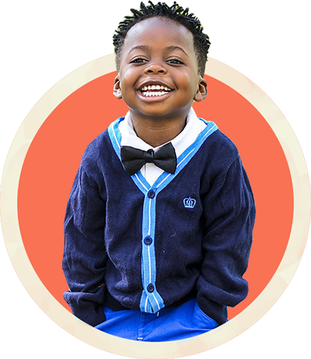 happy and confident child in blue sweater